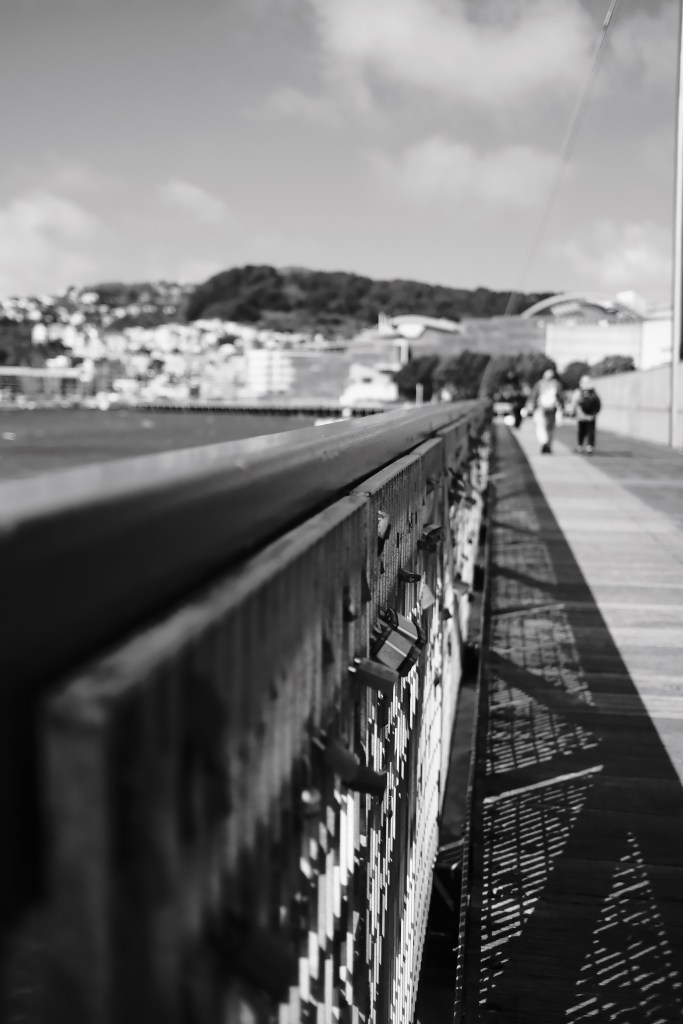 A close-up of a decorative railing along a boardwalk, with a blurred view of a city in the background under a cloudy sky. Two people are walking in the distance.
